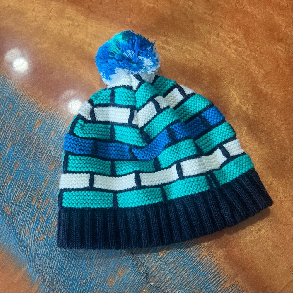 Smartwool Merino Wool Knit Pom Pom Beanie made in Canada blue white green - Picture 2 of 7
